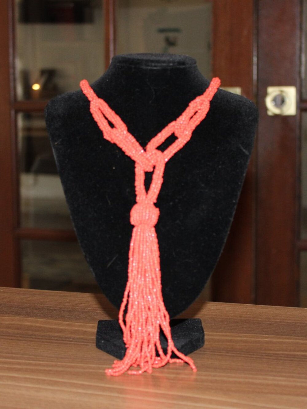 Coral Orange Seed Bead Tassel Statement Necklace NWOT